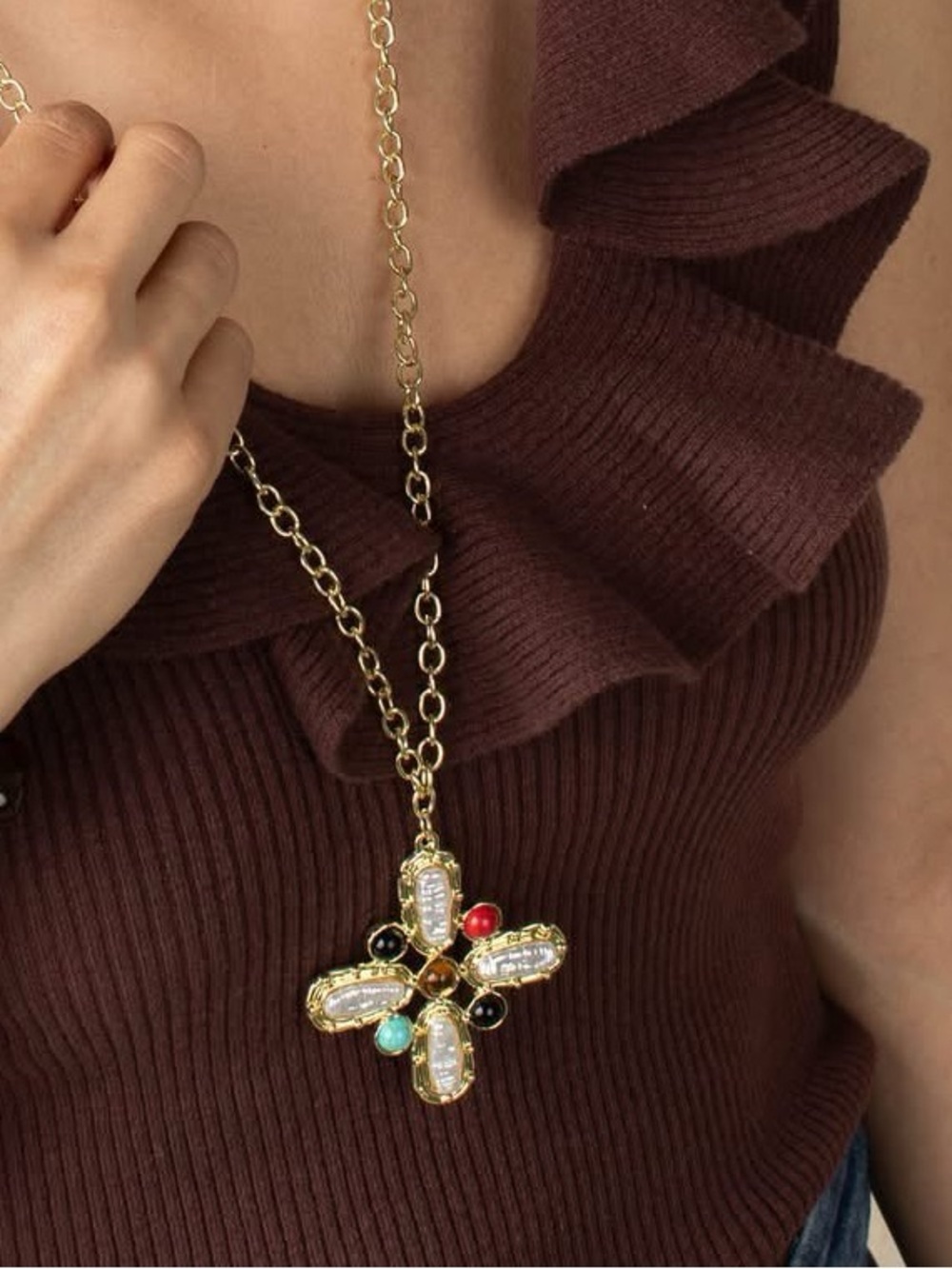 bloom Gold-Tone Cross Pendant Necklace with Multicolored Stones